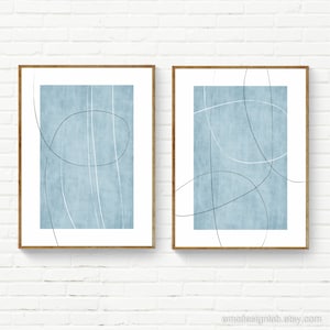 Light Blue Linen Modern Line Art Set of 2 Artworks Minimalist Set of Prints Bedroom Sky Blue Wall Art Set Decor Japandi Modern Scandi Art