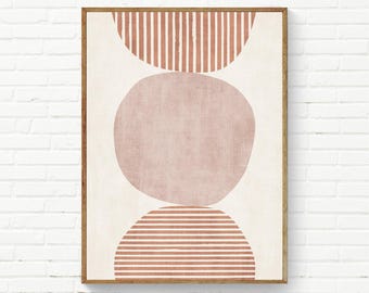 Minimalistische Leinenstruktur Rötliche Terrakotta Wandkunst, Einfache Formen Kreis Streifen Minimal Boho Moderne Wandkunst, auch auf Leinwand erhältlich