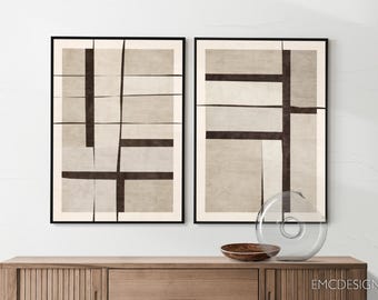 Neutral Minimalist Abstract Shapes Art — Framed Set of 2 Living Room Canvas Prints