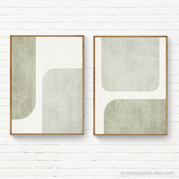 Light Green Art Set of 2 Prints Minimalist Pale Green Neutral Colors Minimal Art Set, Muted Tones Geometric Simple Shapes Wall Art Set