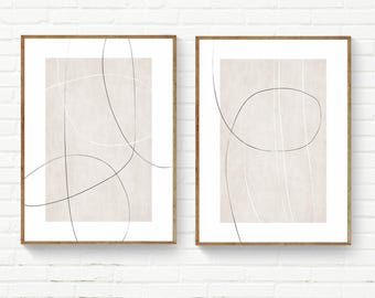 Minimalist Light Beige Set of 2 Line Art Print, Black White Line Art Minimalism Abstract, Minimalist Decor, Elegant Simple Digital Artwork