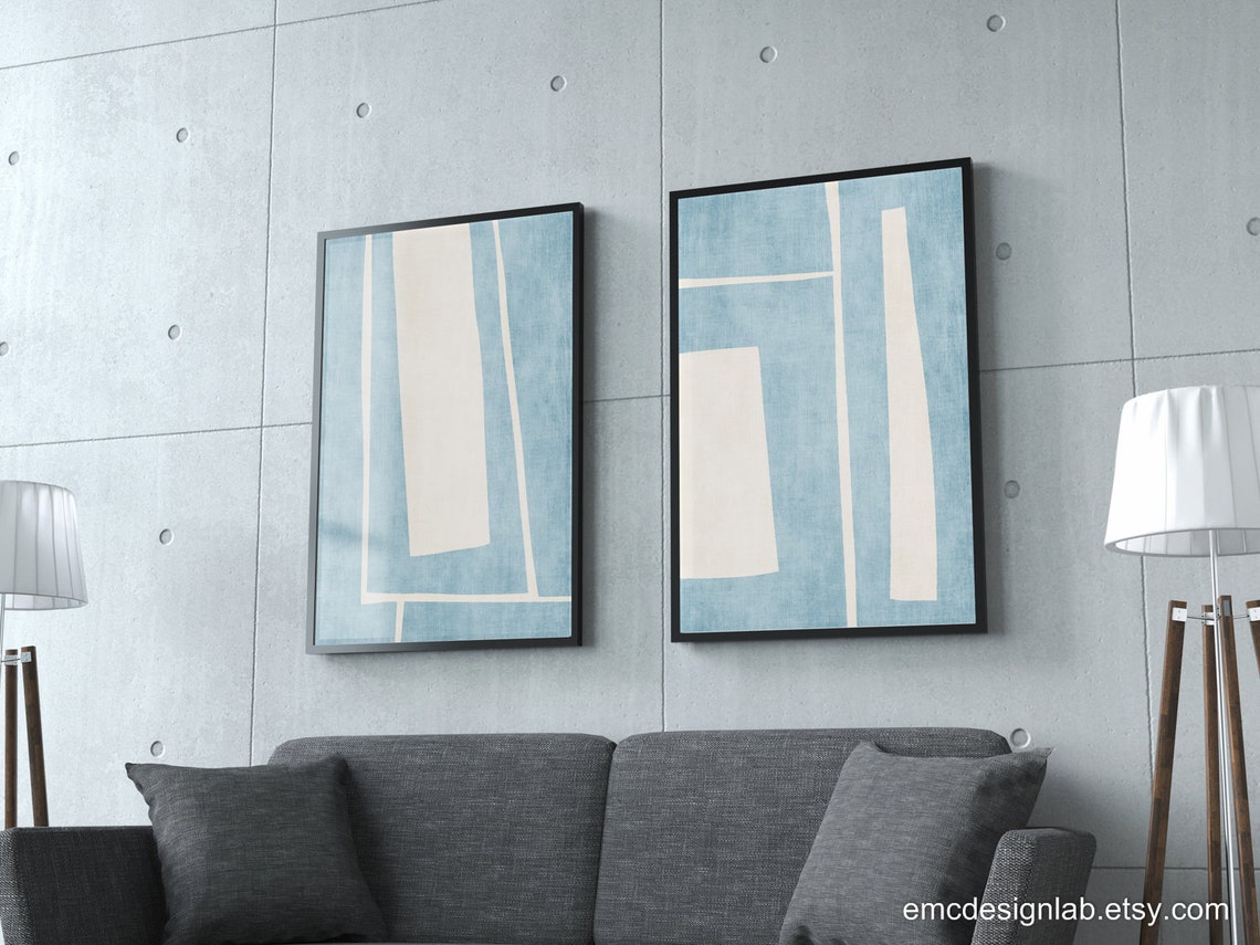 Minimalist Light Blue White Print Set / Ivory White Baby Blue Modern