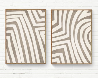 Beige Cream White Lines Set of 2 Prints, Linen Minimalist Abstract Wall Art Set, Abstract Beige Print Set of 2
