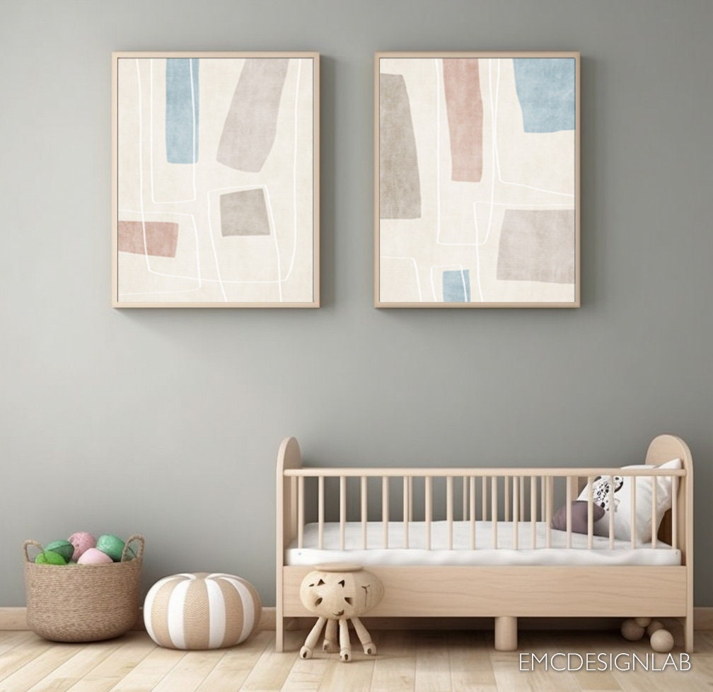 Neutral Tones Abstract Art Set of 2 Prints Beige Terra Light Blue White ...
