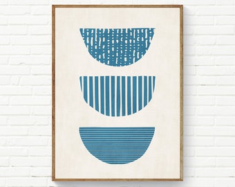 Blue Teal White Modern Prints Semi Circles Print Abstract Teal Boho Wall Art, Bathroom Prints Bedroom Prints Nursery Decor