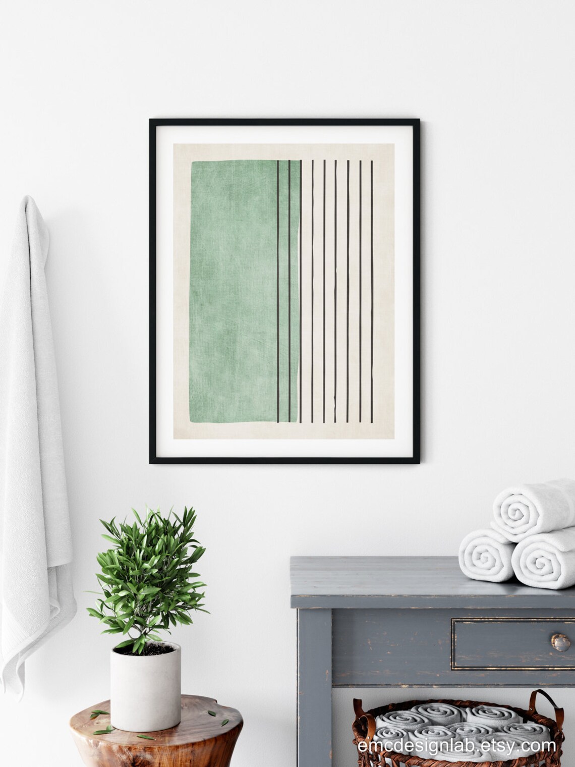 Green White Black Lines Wall Art Color Block Linen Art Print Etsy