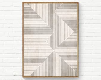 May include: A rectangular wall art print featuring a beige and white geometric pattern of interconnected lines forming nested right angles. The artwork is encased in a thin wooden frame, displaying a structured composition of parallel vertical lines.