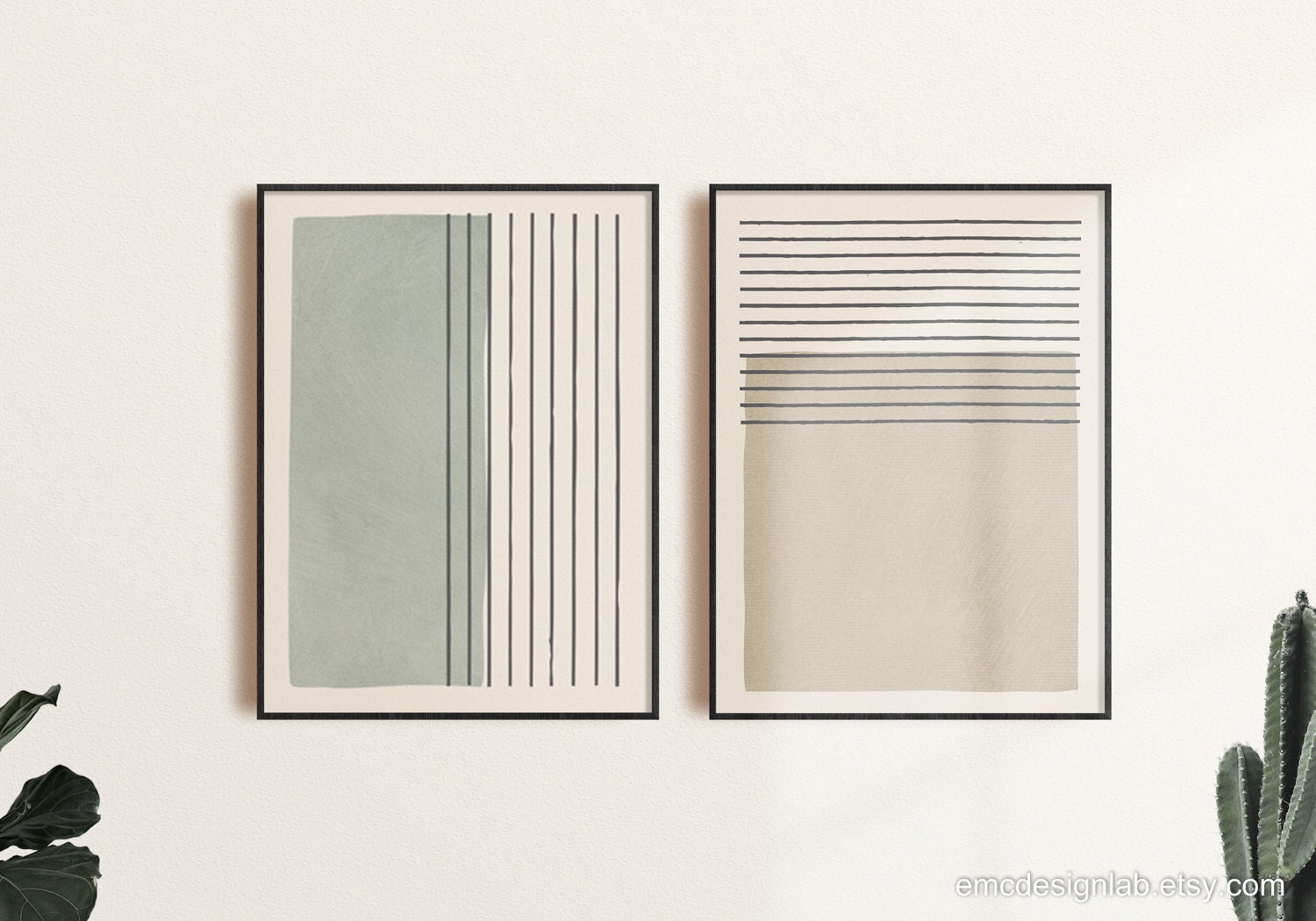 Neutral Minimalist Art Set of 2 Prints / Muted Green Pale Tan Wall Art