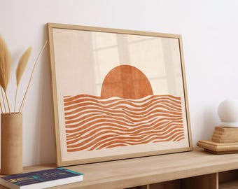 Minimalist Sunset Over Wavy Ocean Abstract Art Print | Terracotta Boho Canvas