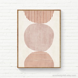 Minimalist Linen Texture Reddish Terracotta Wall Art, Simple Shapes Circle Stripes Minimal Boho Modern Wall Art, Available also on Canvas