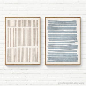 Beige Blue Digital Linocut Art Set of 2 / Minimalist Original Unique Wall Art / Simple Neutral Set of 2 Bathroom Prints / Bedroom Neutrals