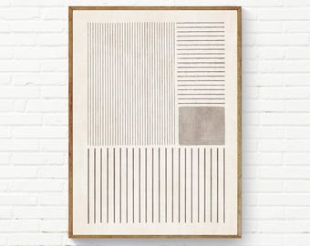 May include: A rectangular wall art print in a wooden frame featuring a cream background with black vertical lines on the left and bottom, horizontal lines on the top right, and a solid gray rectangle positioned below the horizontal lines.