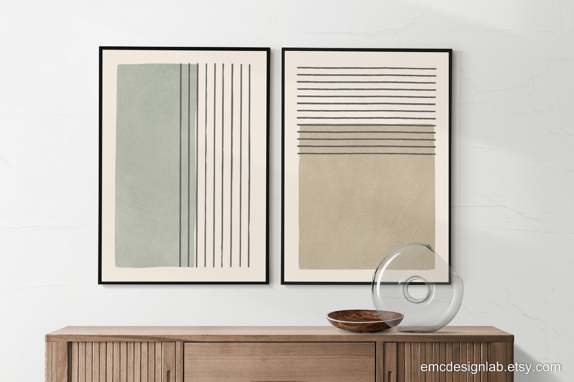 Neutral Minimalist Art Set of 2 Prints / Muted Green Pale Tan Wall Art ...
