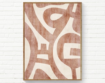 Può includere: Una stampa artistica da parete rettangolare con un motivo astratto color terracotta e crema con forme curve intrecciate. Il design ha un aspetto strutturato, inserito in una sottile cornice di legno, che mostra linee fluide e organiche.
