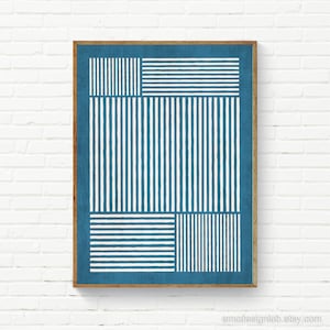 Art mural bleu sarcelle de l'Égée, lignes blanches horizontales verticales originales, art mural bleu blanc, affiches modernes art abstrait de chambre à coucher