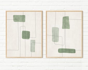 Minimalist Muted Green Tones Abstract Line Art Set of Two Framed Prints