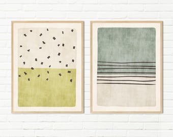 Set of 2 Neutral Abstract Prints, Earthy Green Geometric Art for Calm Interiors