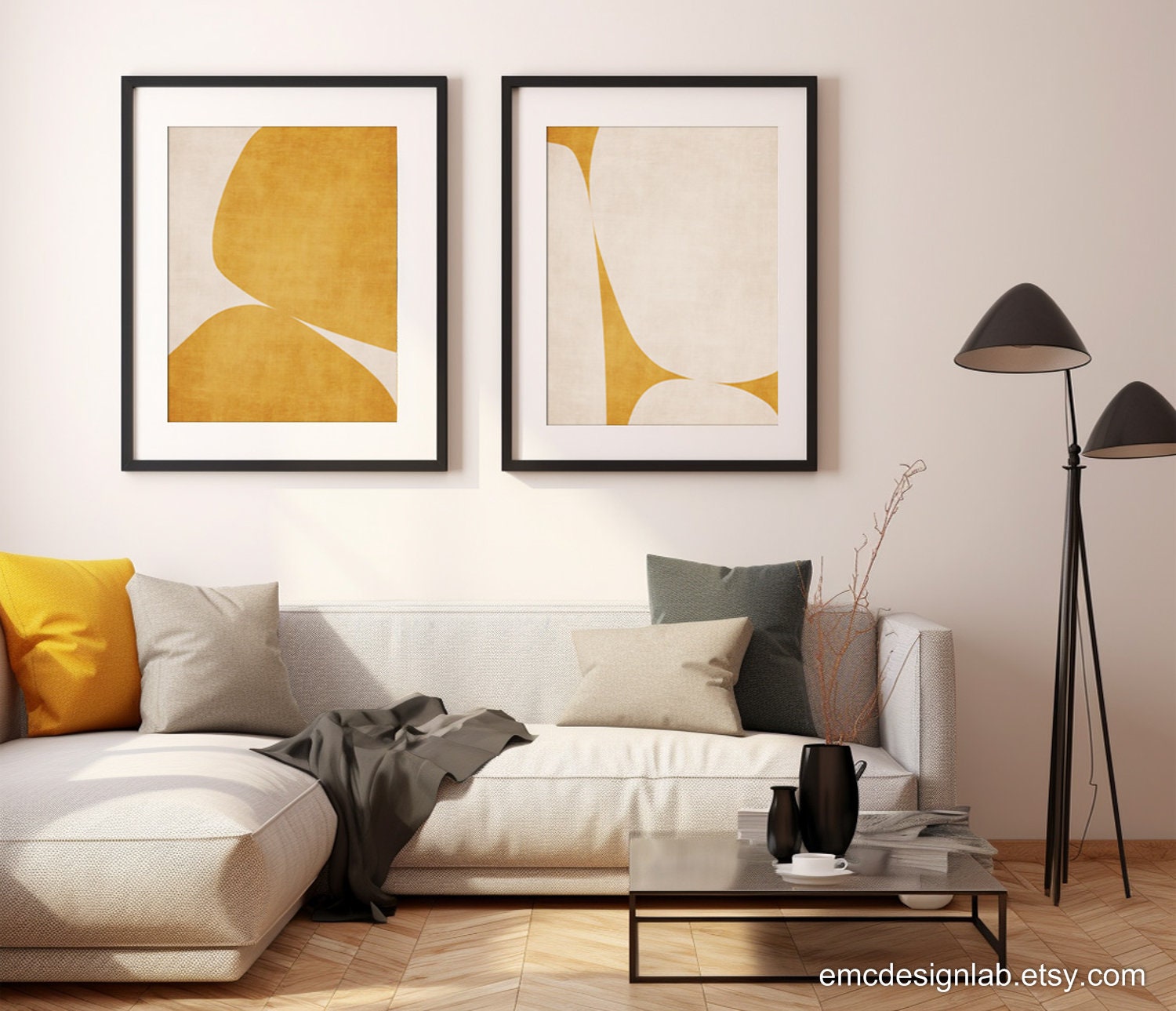 Mustard Yellow Minimalist Abstract Art Set 2 Prints Rounded Shape ...