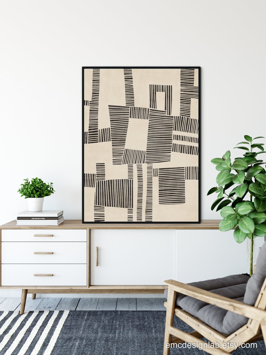 Offwhite Black Lines Digital Linocut Artwork / Modern Minimalism ...