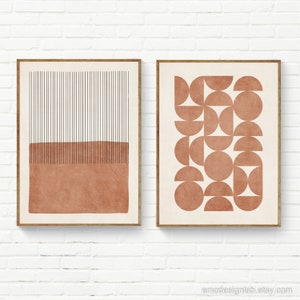 Terracotta Boho Minimalist Wall Art Print Set of 2 Rich Texture Modern Abstract Color Block Semicircles