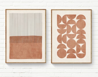 Terracotta Boho Minimalist Wall Art Print Set of 2 Rich Texture Modern Abstract Color Block Semicircles