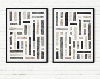 Abstract Geometric Textured Prints Set of 2 — Neutral Charcoal Beige Modern Wall Art