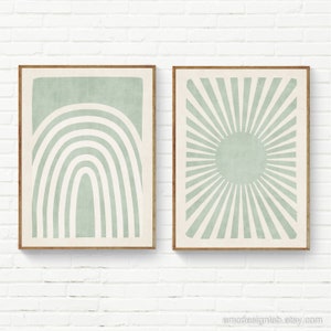 Light Green White Nursery Art Print Set Sage Green Rainbow + Sunburst Sun Rays