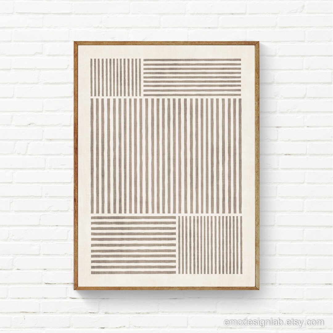 View of Beige Lines Minimalist Design Wall Art, Beige White Prints, Minimal ...