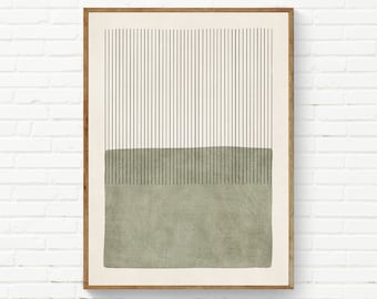 Black Thin Lines Green Color Block Art Print / Modern Minimalism Dark Deep Green Linen Wall Art