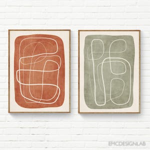 Juego de 2 láminas de arte abstracto lineal en terracota y verde.