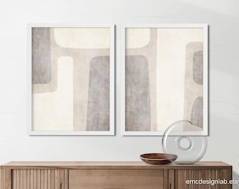 Lot de deux tirages d'art abstraits tons neutres : toile aux formes minimalistes pour une maison élégante