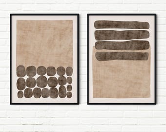 Rounded Pebble Dots Horizontal Bar Brushstroke Set of 2 Beige Brown Canvas Print