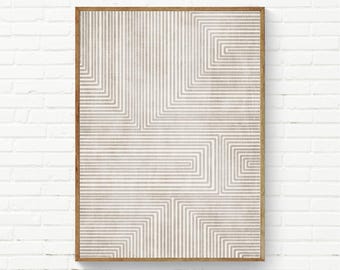 May include: A rectangular wall art print featuring a series of beige and white geometric lines that form nested, angular patterns across the entire surface. The artwork is encased in a thin, light-toned wooden frame with a clean, sharp edge.