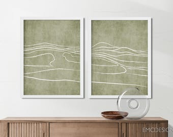 Light Olive Green Minimalist Line Art - Abstract Landscape Set of 2 Living Room Prints