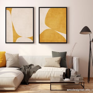 Mustard Yellow Minimalist Abstract Art Set 2 Prints Rounded Shape ...
