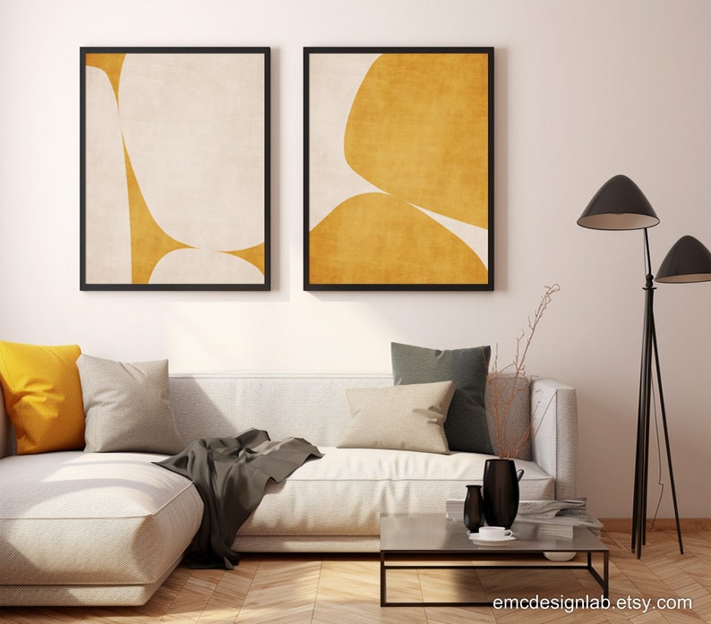 Mustard Yellow Minimalist Abstract Art Set 2 Prints Rounded Shape ...