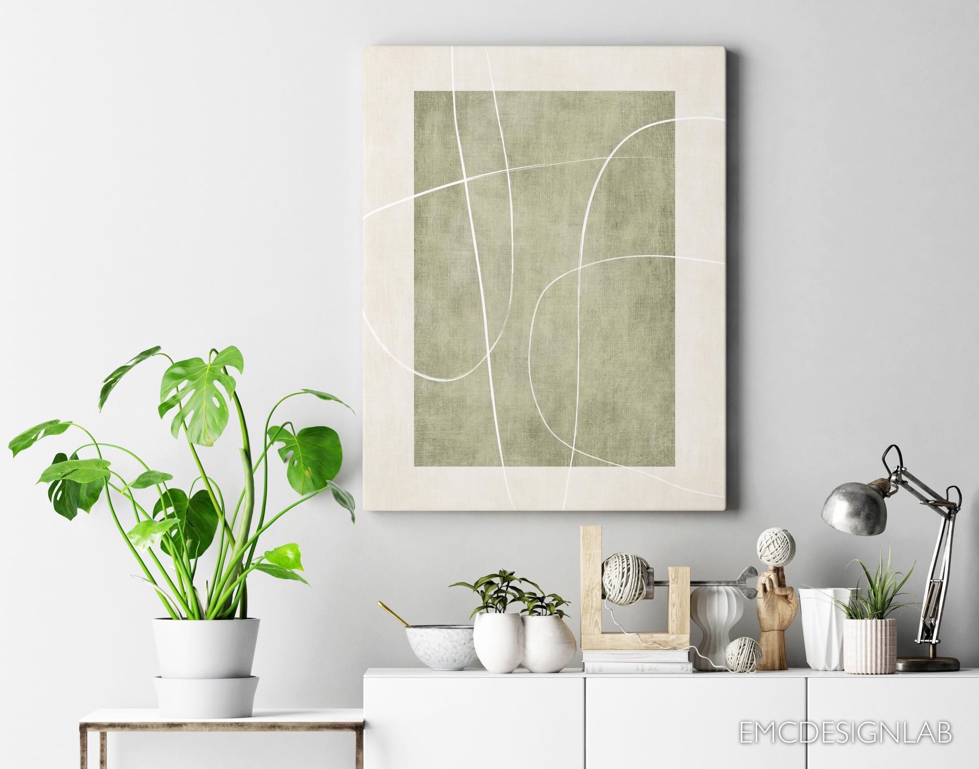 Minimalist Abstract Light Green Art Print: Flowing White Lines Textured ...