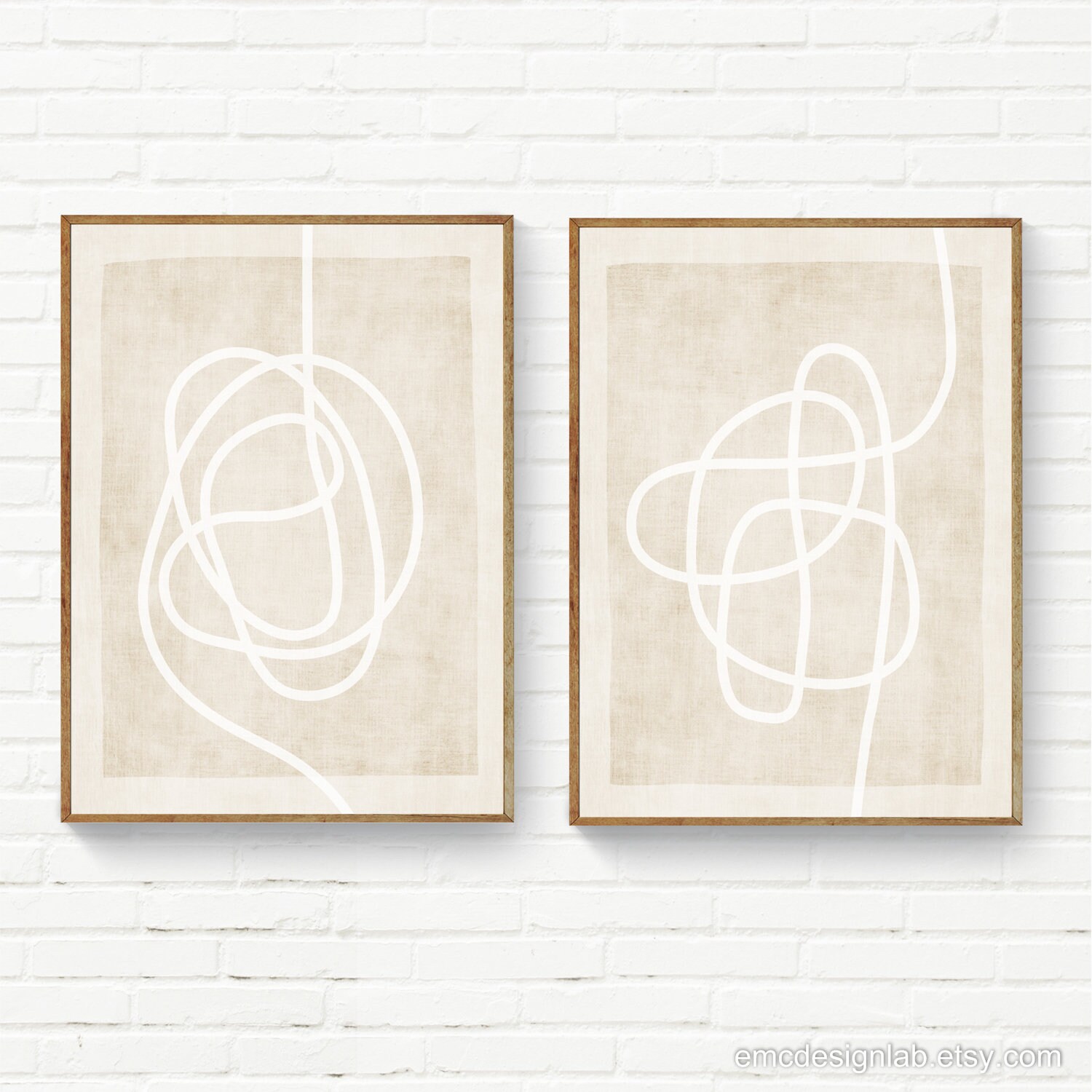 Minimalist Line Art Set of 2 White Beige Linen Texture Classy Art Prints / Japandi Style Artworks / Modern Neutral Digital Painting Print
