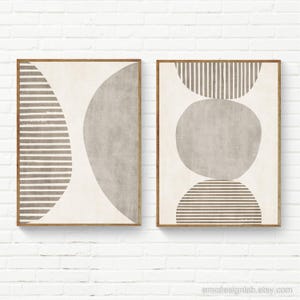 Minimalist Print Set of 2 Beige Wall Art, Set of 2 Abstract Minimal Greige Prints, Semi Circles & Lines Bedroom Decor