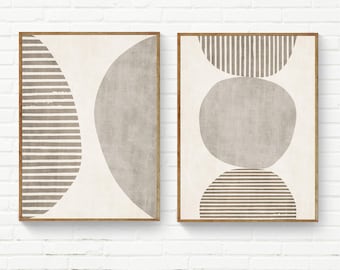 Conjunto de 2 Quadros Minimalistas Bege, Conjunto de 2 Impressões Abstratas Minimalistas em Tons de Bege acinzentado, Decoração para Quarto com Semicírculos e Linhas