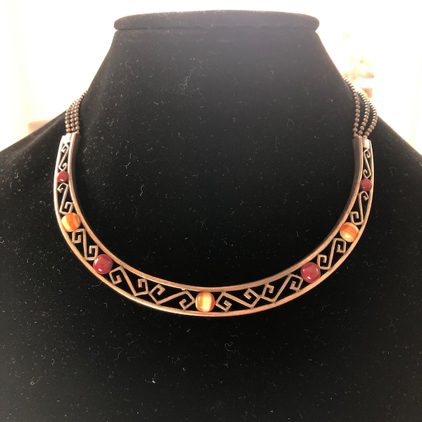 Vintage Givenchy Signed Choker Collar Necklace Bohemian Antique Bronze Copper Metal with Ceramic Beads Adjustable Boho Avant’garde Versatile