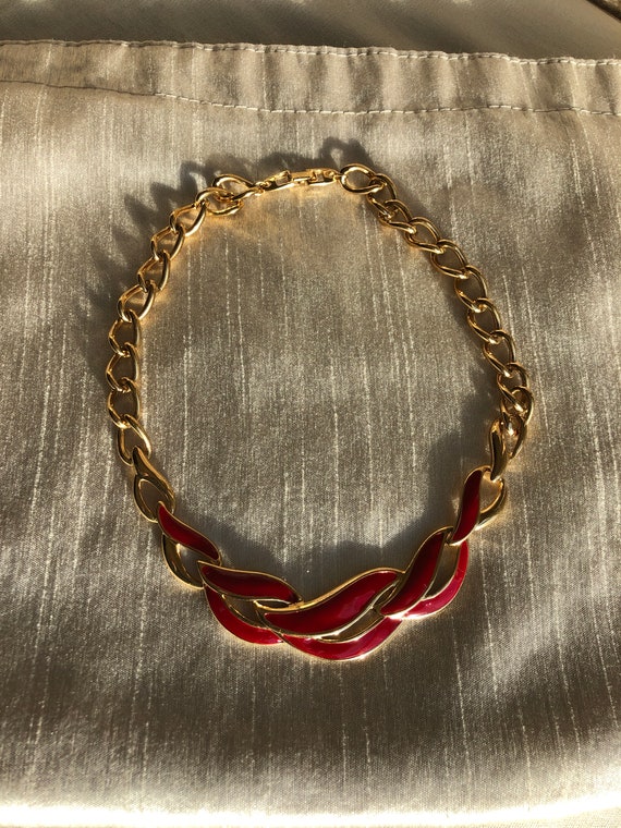 Napier Signed Vintage 15” Collar Necklace Red Ena… - image 1