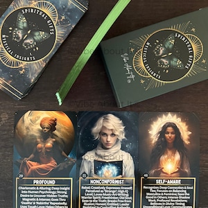 May include: A deck of Spiritual Gifts Mystical Insights oracle cards featuring a dark green box with a butterfly illustration, a matching card back, and three individual cards labeled Profound, Nonconformist, and Self-Aware with descriptive text.