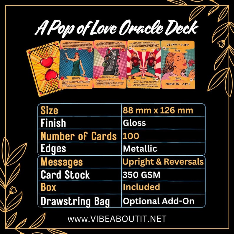 Peut inclure: Un jeu d'oracle A Pop of Love compos&eacute; de 100 cartes avec une finition brillante et des bords m&eacute;talliques. Chaque carte mesure 88 mm x 126 mm et est imprim&eacute;e sur du papier 350 GSM. Le jeu inclut une bo&icirc;te et des messages pour les positions.