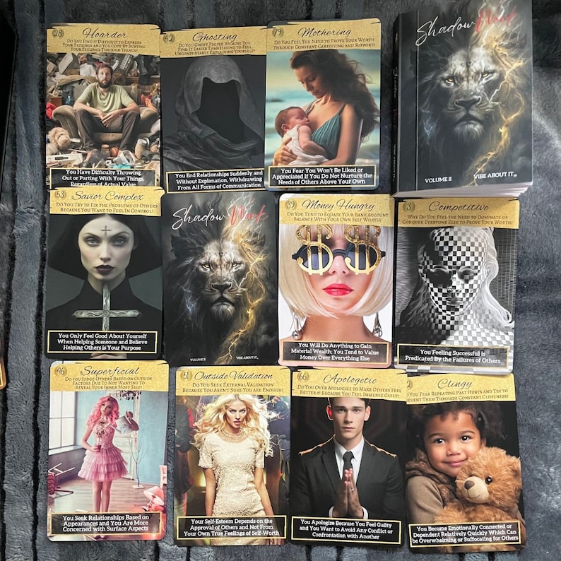 May include: A set of 10 tarot cards with colorful illustrations and text. The cards are arranged in a grid of 3 rows and 4 columns. The cards feature themes such as hoarding, ghosting, mothering, shadow work, savior complex, money hungry, competitive, outside validation, apologetic, clingy, and superficial.