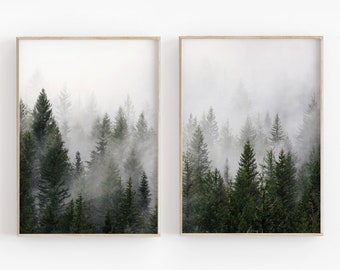 Set of 2 Forest Print, Set of 2 Landscape Art, Green Forest Printable, Minimalist, Nature Printable, 2 Piece Wall Art, Modern, Misty, Decor