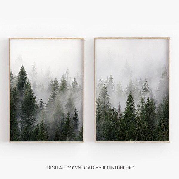 Set of 2 Forest Print, Set of 2 Landscape Art, Green Forest Printable, Minimalist, Nature Printable, 2 Piece Wall Art, Modern, Misty, Decor