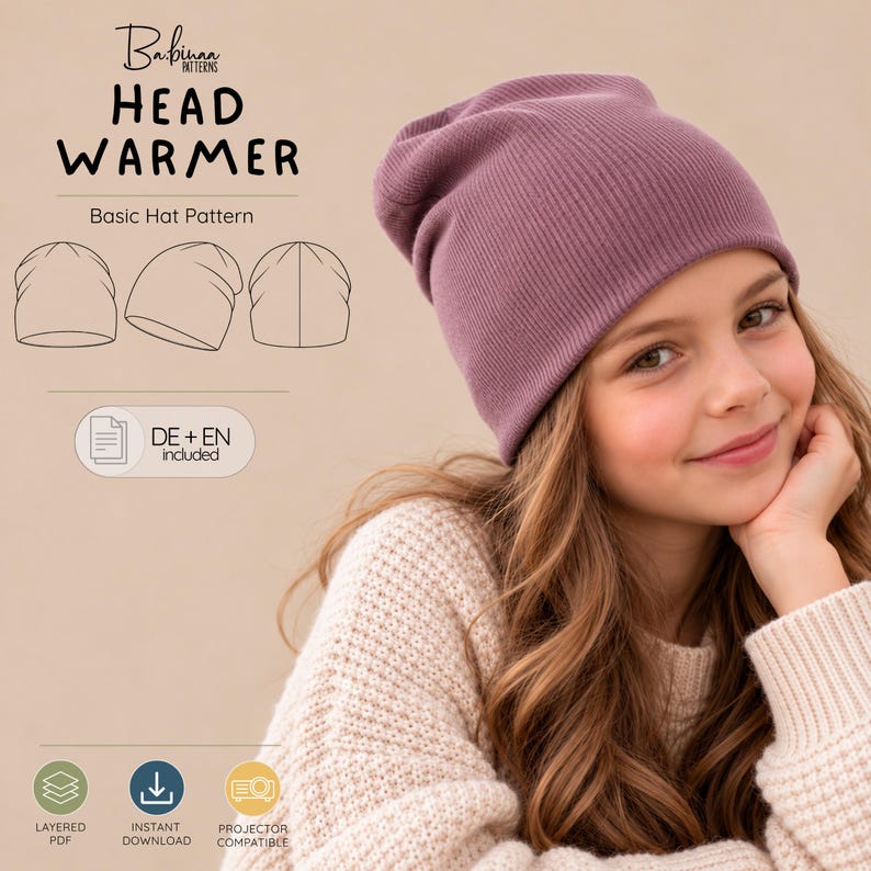 Head Warmer Mütze Schnittmuster als PDF für Kinder und Erwachsene – einfache Jersey-Mütze zum Selbernähen mit technischem Flat Sketch, digitales Nähschnittmuster auf Deutsch und Englisch.