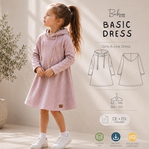 Pode incluir: Um vestido com capuz em rosa empoeirado, mangas compridas e cordão com contas de madeira. A imagem inclui o texto Babinaa Patterns Basic Dress, Girls A-Line Dress, 62-146, 3M-11Y, DE+EN included, Layered PDF, Instant Download, Projector Compatible.
