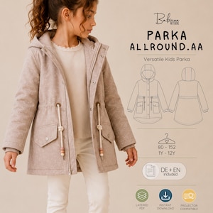 Girls Coat Sewing Pattern PDF | Parka Allround.aa Hooded Jacket with Animal Ears | Kids Wool or Softshell Coat | Sizes 12M-13Y | A0
